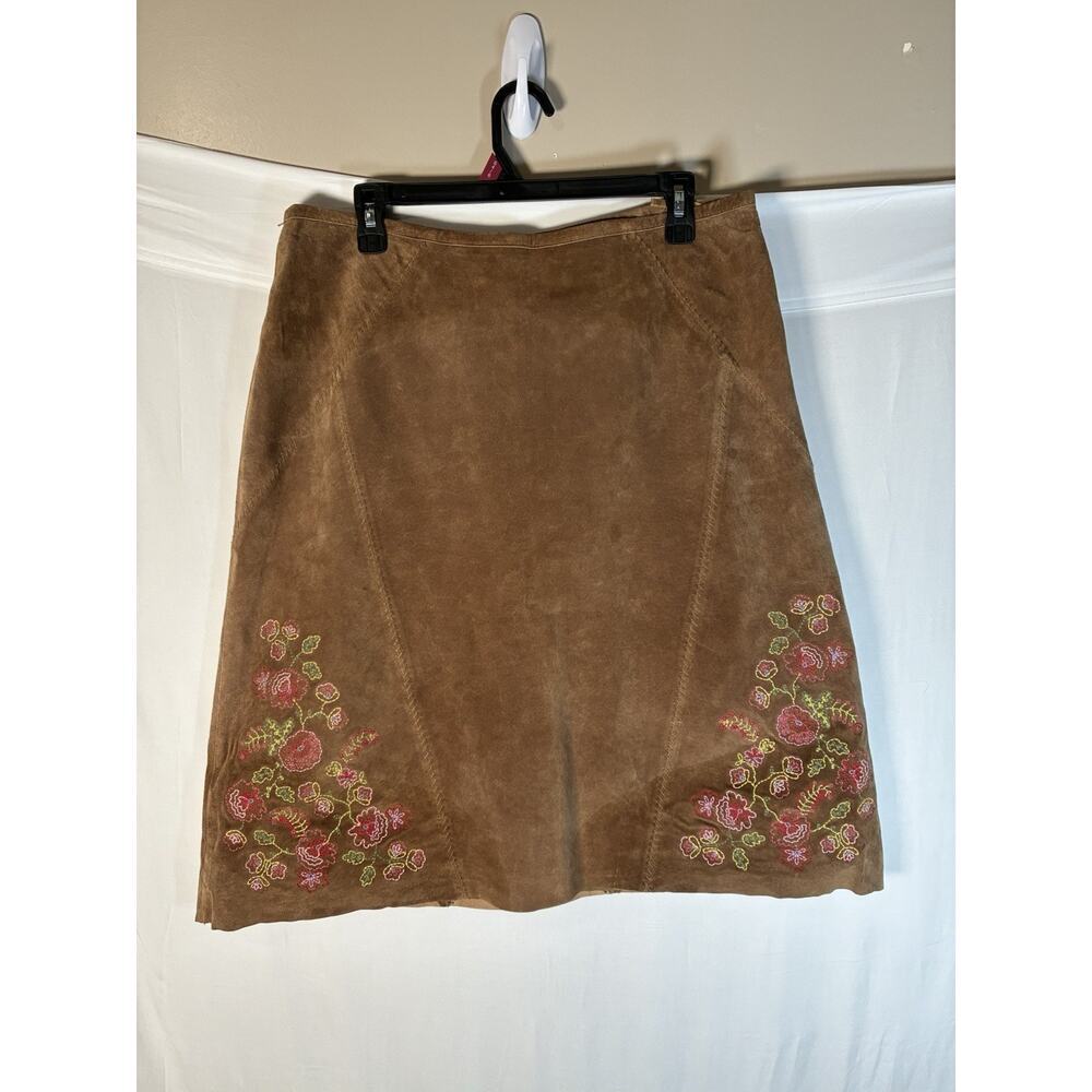J. Jill Brown Suede Midi Skirt with Pink & Green Floral Embroidery